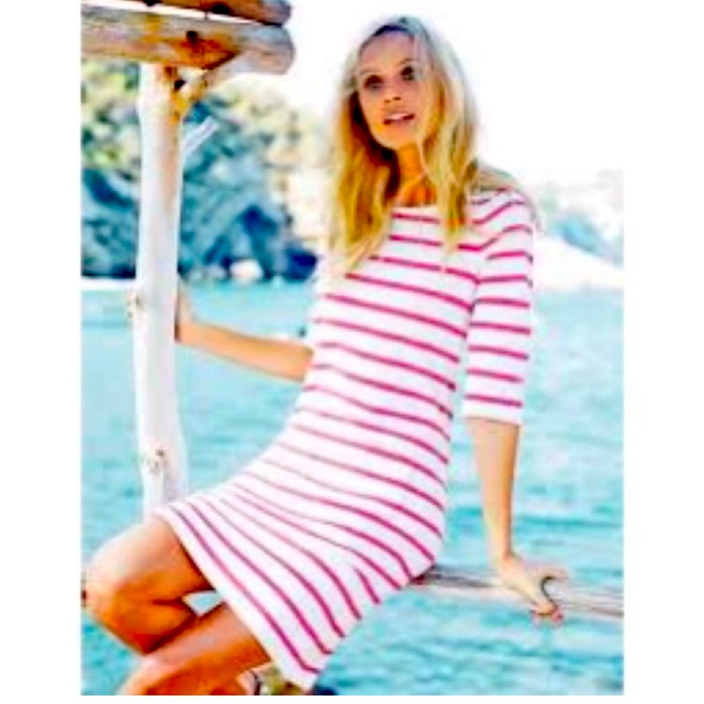 Boden White and Pink Striped Boatneck Dress
